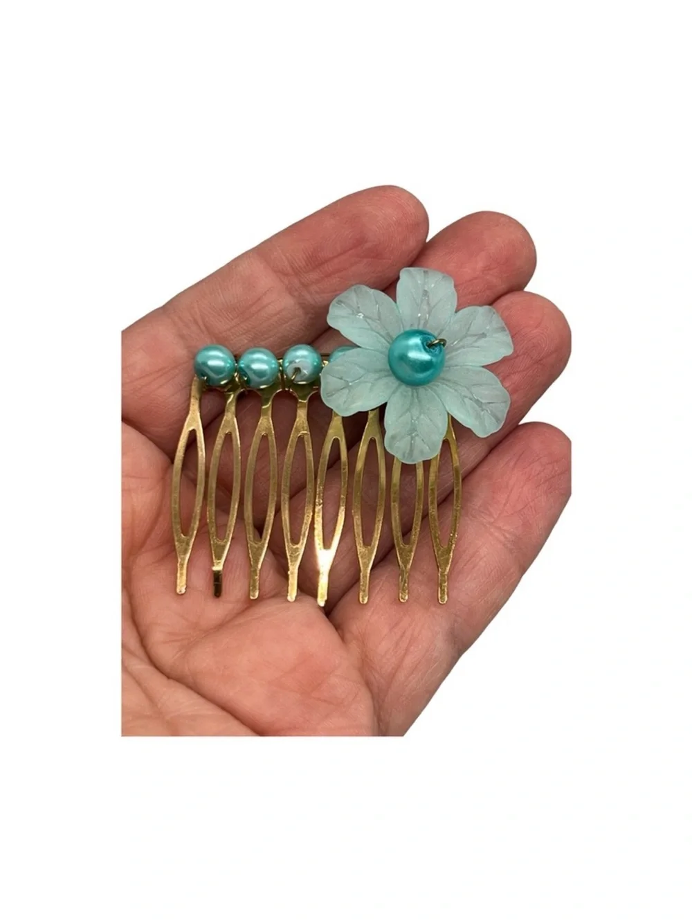 Gold Hair Comb with Aqua Flower and Beads FINAL PRICE DROP